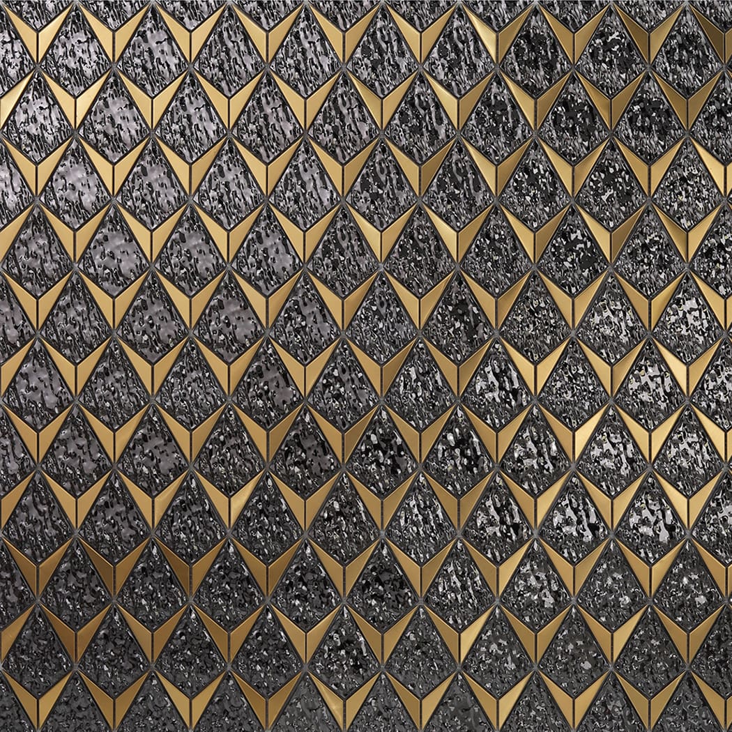 A wide, seamless repeating pattern of luxurious black and brushed gold geometric mosaic tiles.