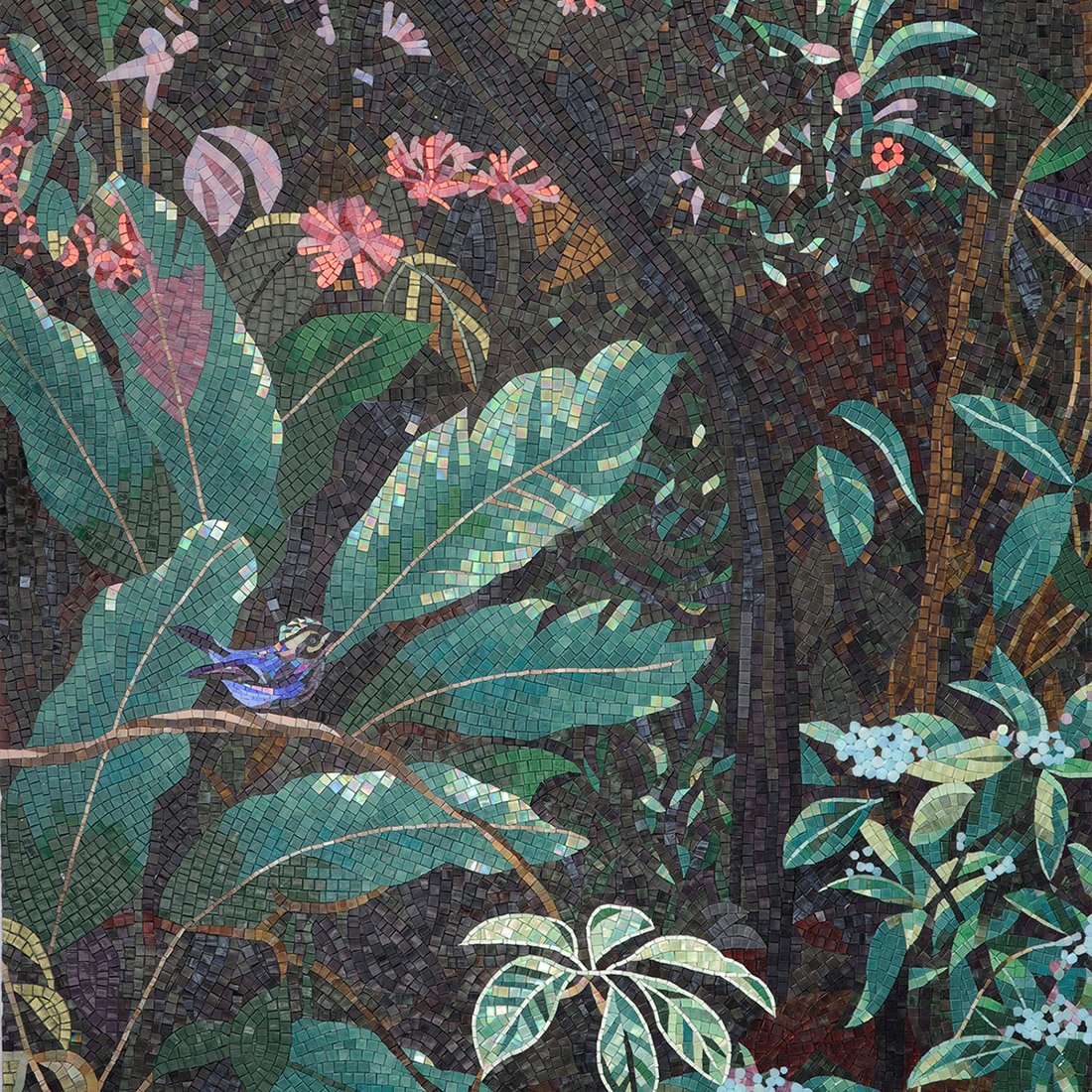 Full tropical forest glass mosaic mural with bird, leaves, flowers, and berries