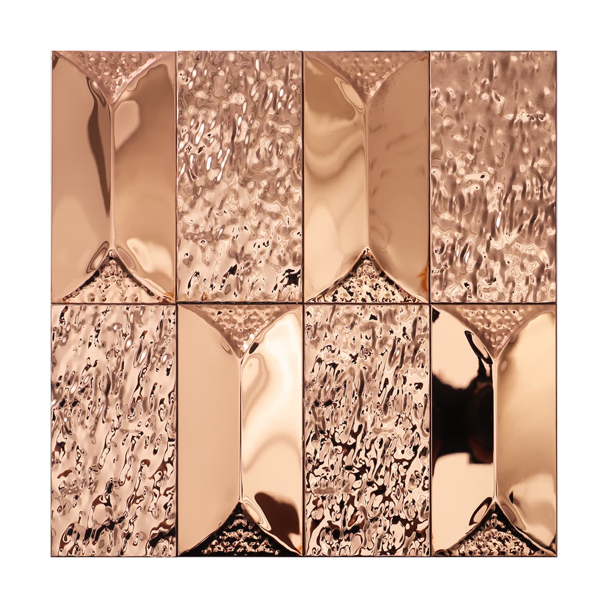 Detailed texture of rose gold hammered stainless steel mosaic