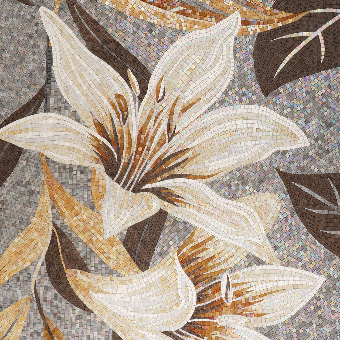 Full white lily handmade glass mosaic mural with gray iridescent background