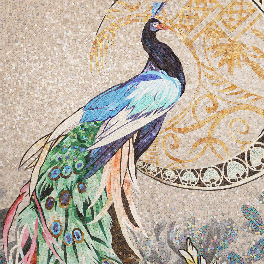 Full handmade peacock glass mosaic mural with green tail and gold background pattern