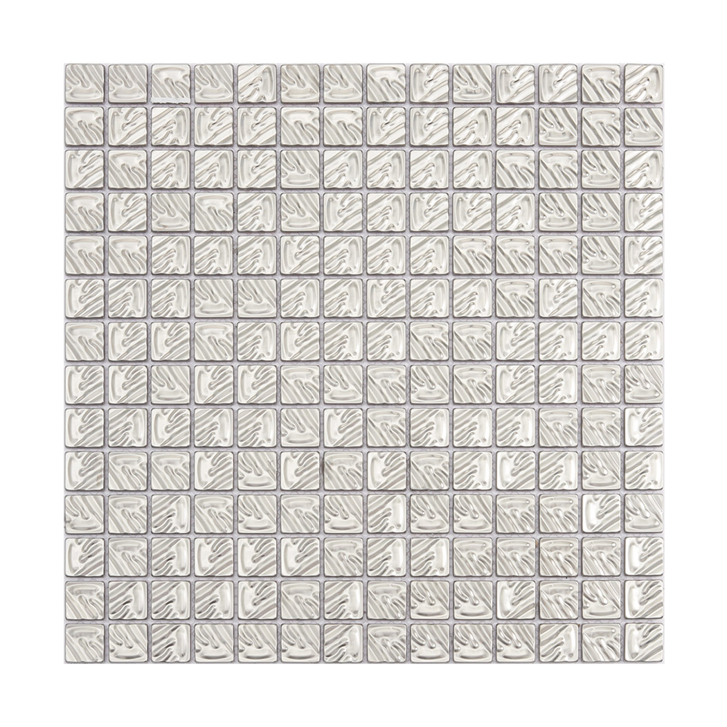 Full sheet of silver square stainless steel mosaic tiles with glossy textured chips