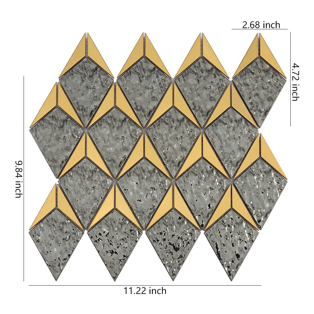 Diamond shaped black and gold mosaic tile sheet with dimension markings in inches
