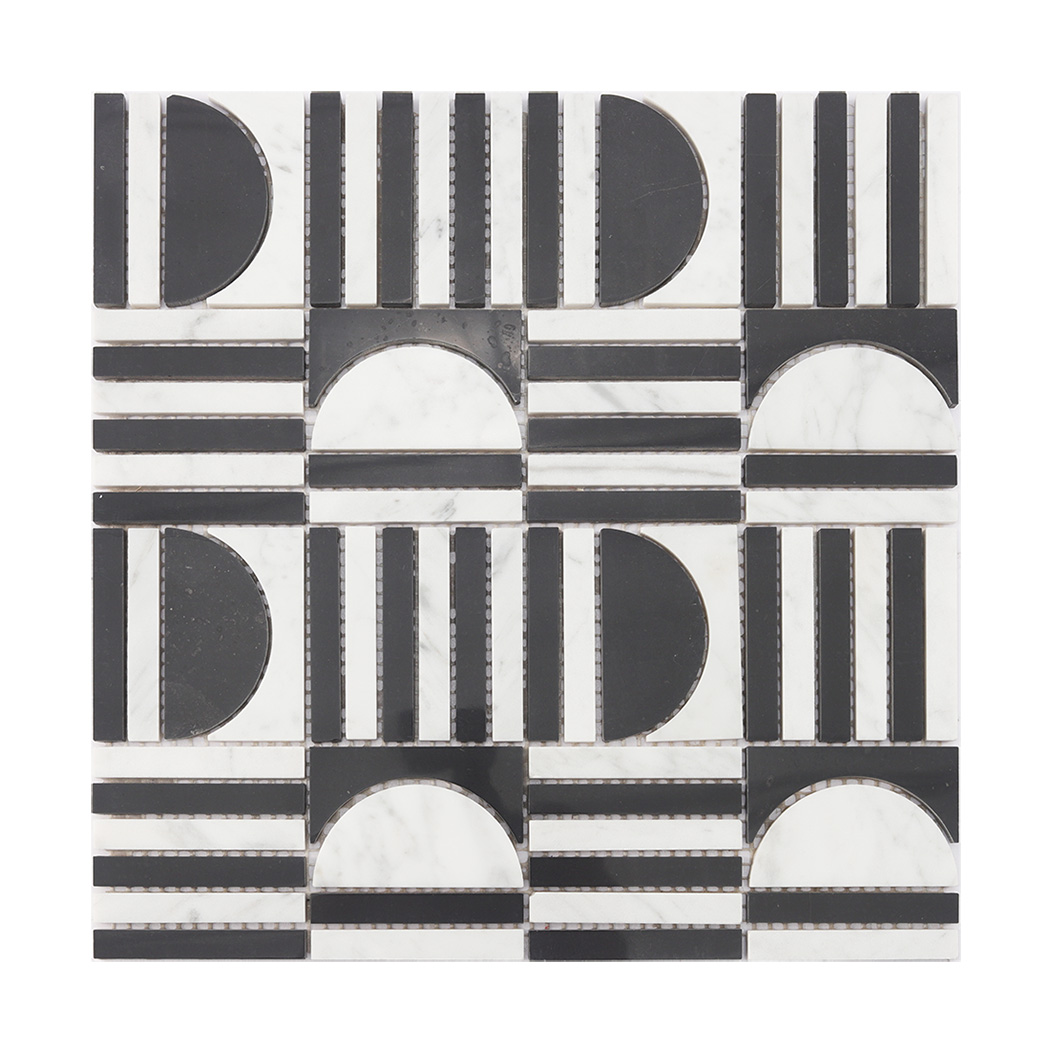 Front view of geometric black and white marble mosaic tile with semi circles.