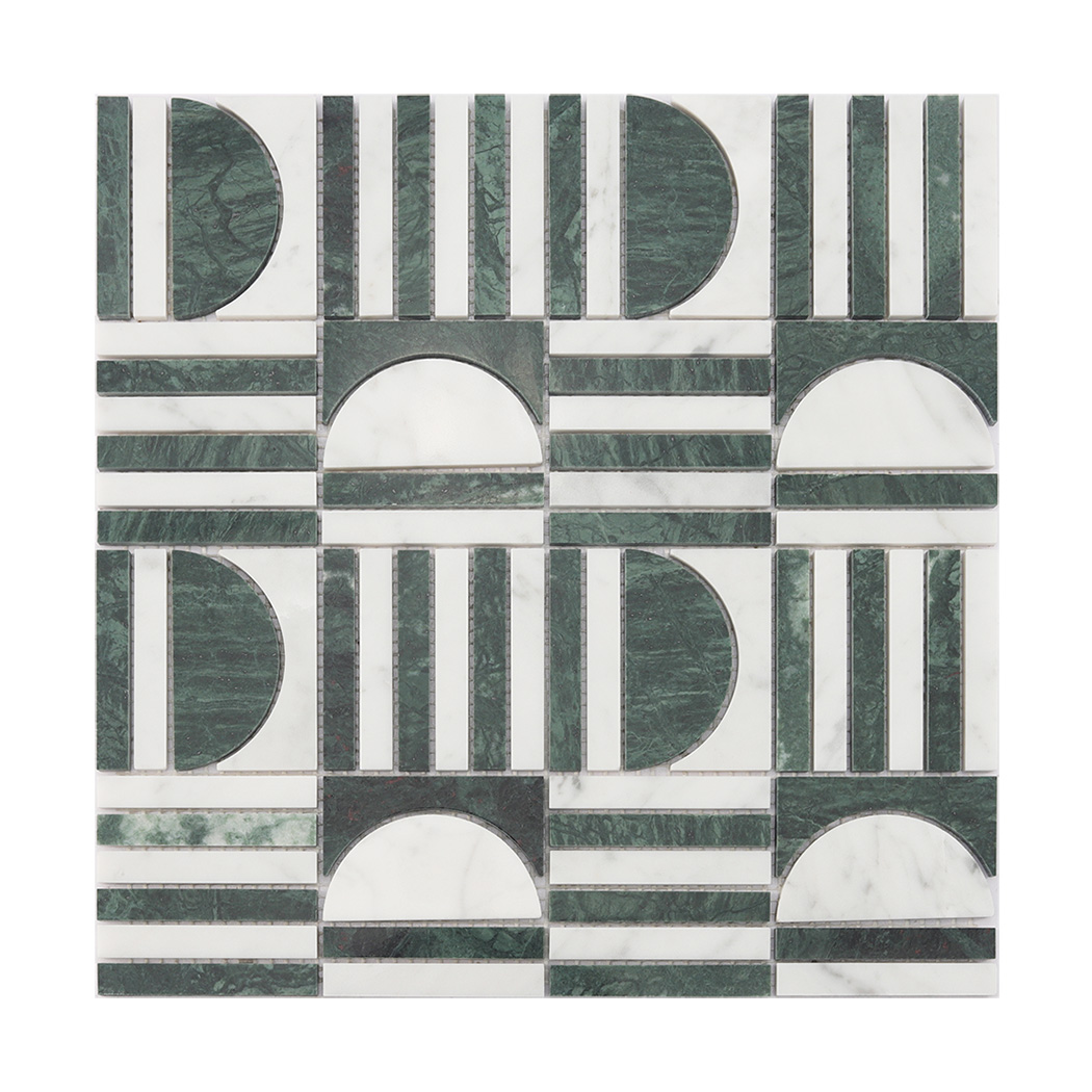 Front view of geometric green and white marble mosaic tile with semi-circle and stripe pattern.