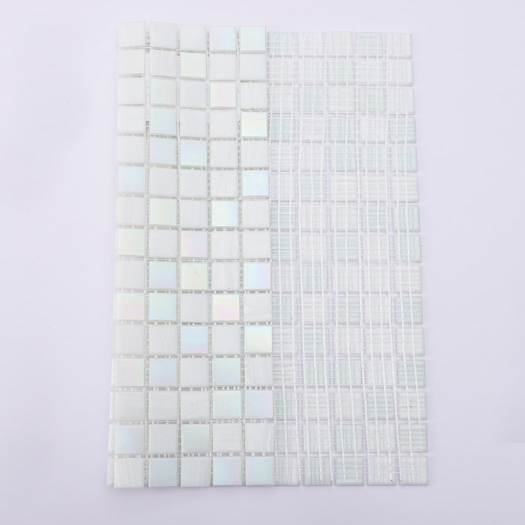 Glass mosaic sheet shown front tiles beside mesh backing for installation