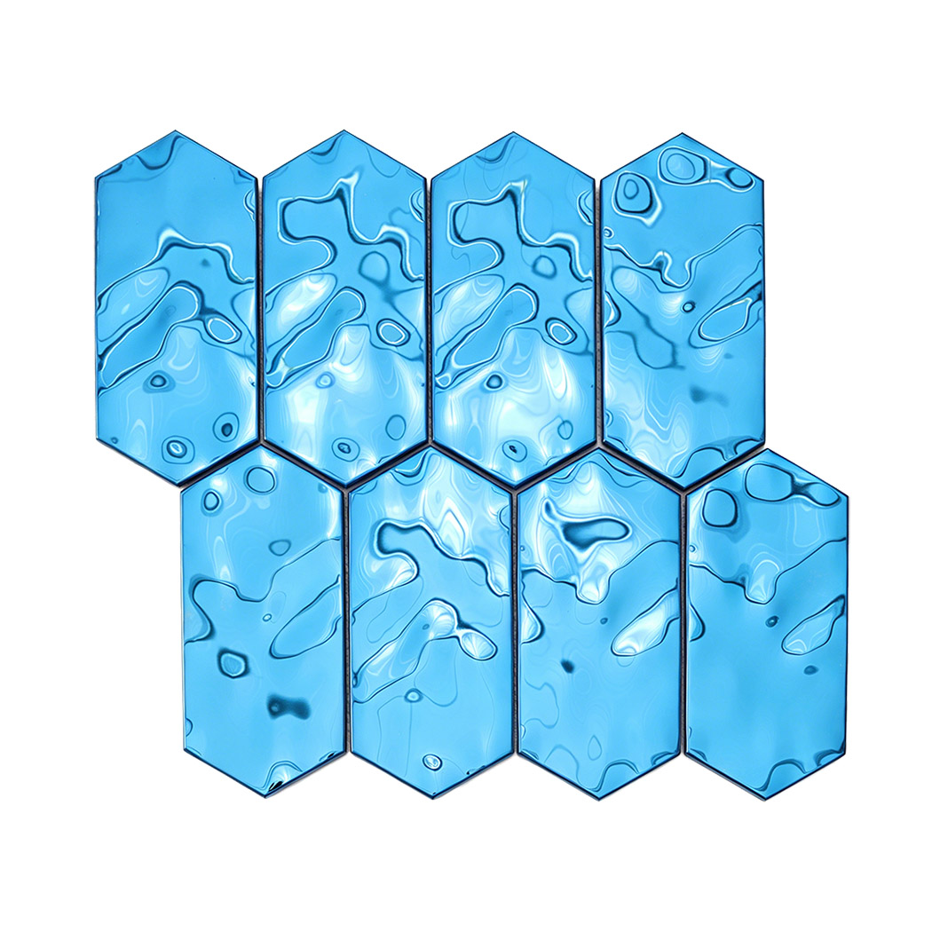 Glossy blue hexagon stainless steel mosaic tile arranged in full sheet layout