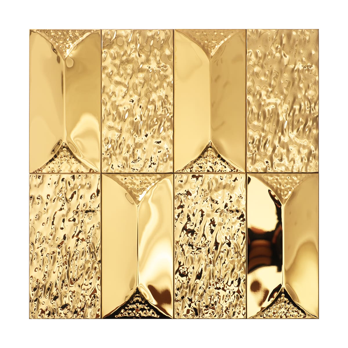Luxurious tile with hammered depth and mirror-like reflection.