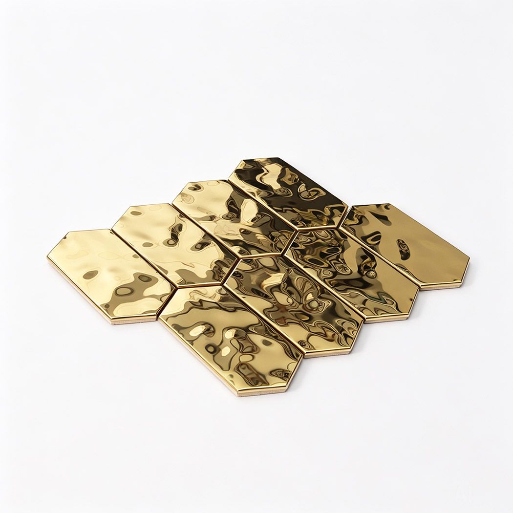 Full pattern layout of glossy gold hexagon stainless steel mosaic tile sheet