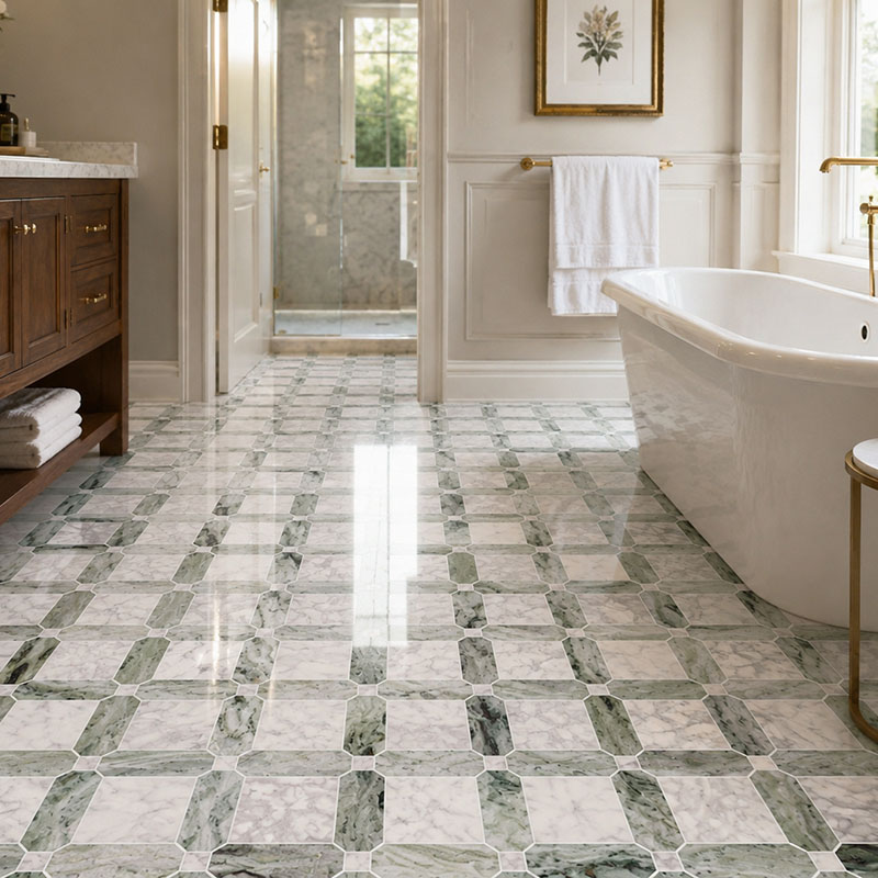 Glossy green and white marble basketweave tiles in a bright bathroom setting