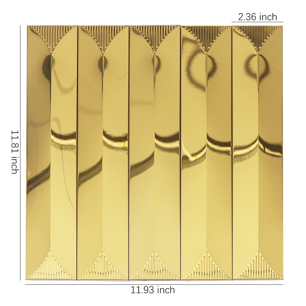 Dimensions of a 3D gold linear metal mosaic tile sheet in inches