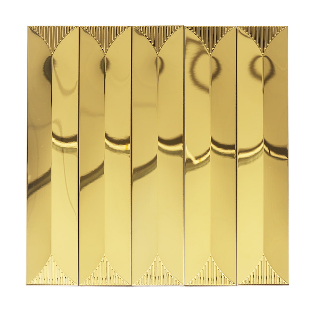 Front view of a 3D gold linear metal mosaic tile sheet on a white background.