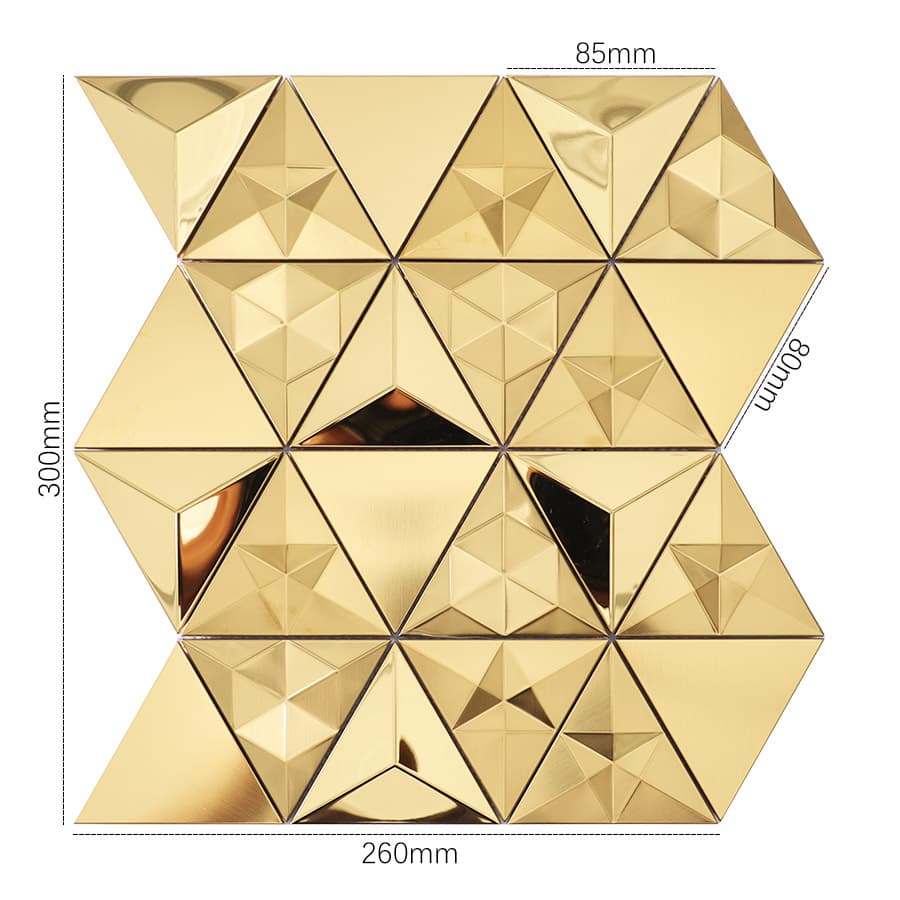 Gold metal mosaic tile sheet with geometric triangle patterns and dimension markings