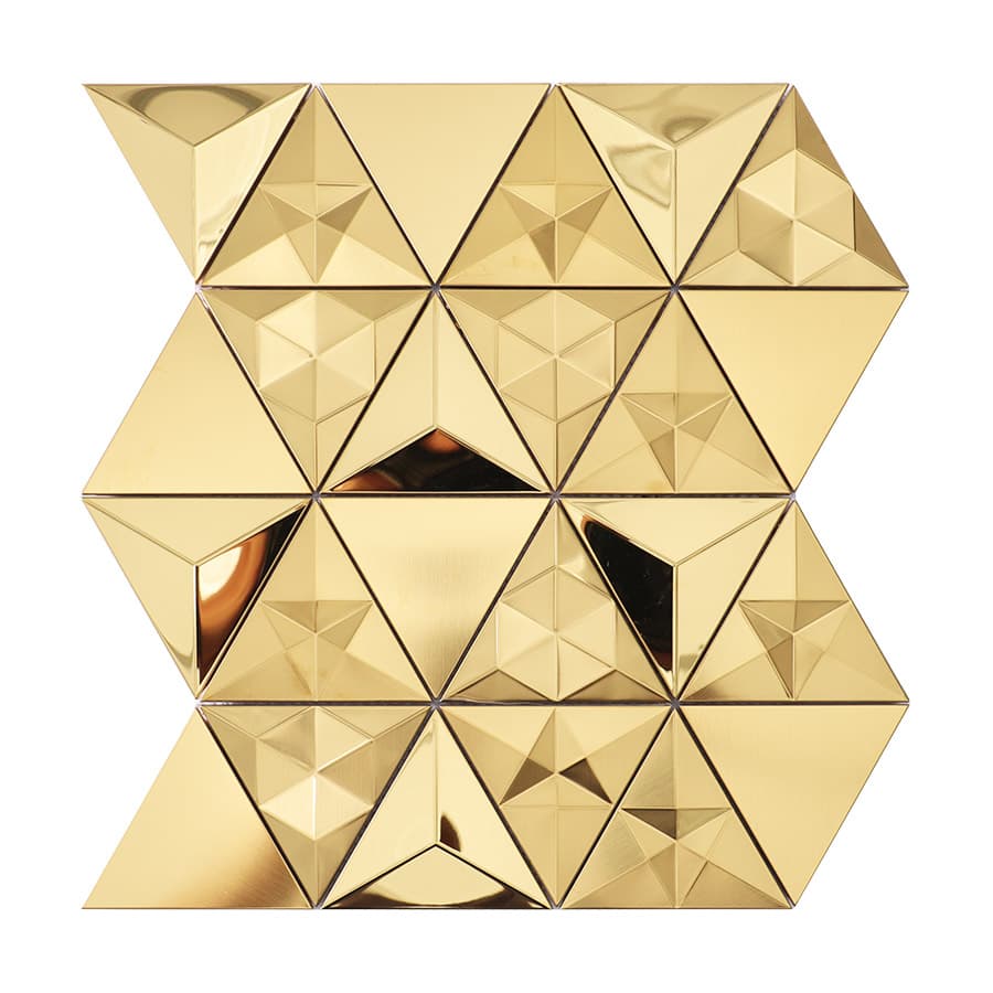 Decorative gold metal mosaic tile panel composed of 3D triangular shapes.