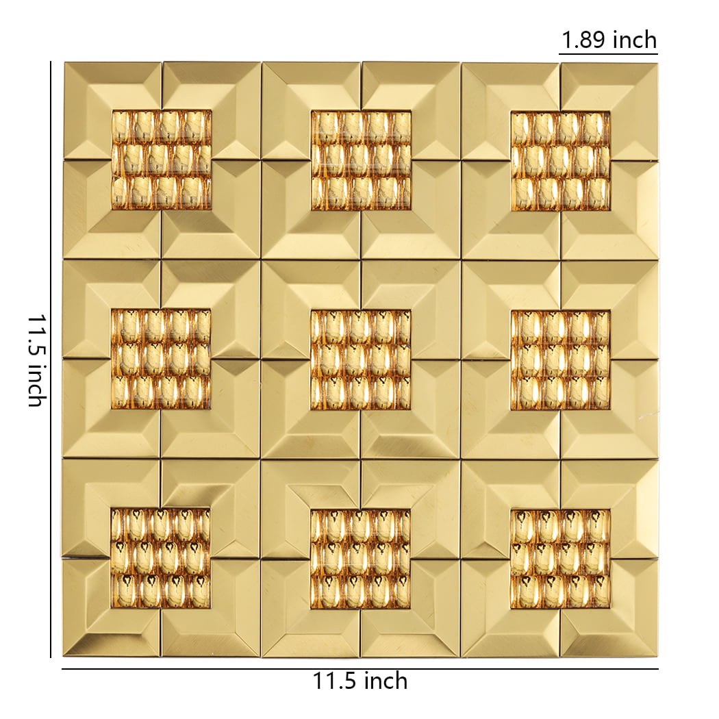 A top down view of a 11.5 inch square gold 3D mirror metal mosaic tile sheet.