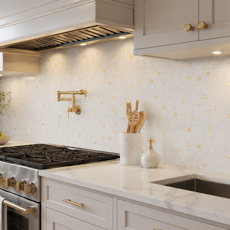 Gold accent hexagon glass mosaic backsplash with white cabinets and brass faucet