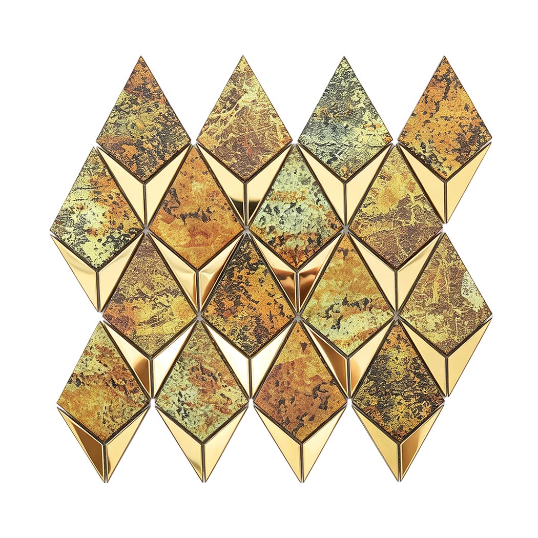 Gold diamond metal mosaic tile sheet with mixed antique green and bronze finish