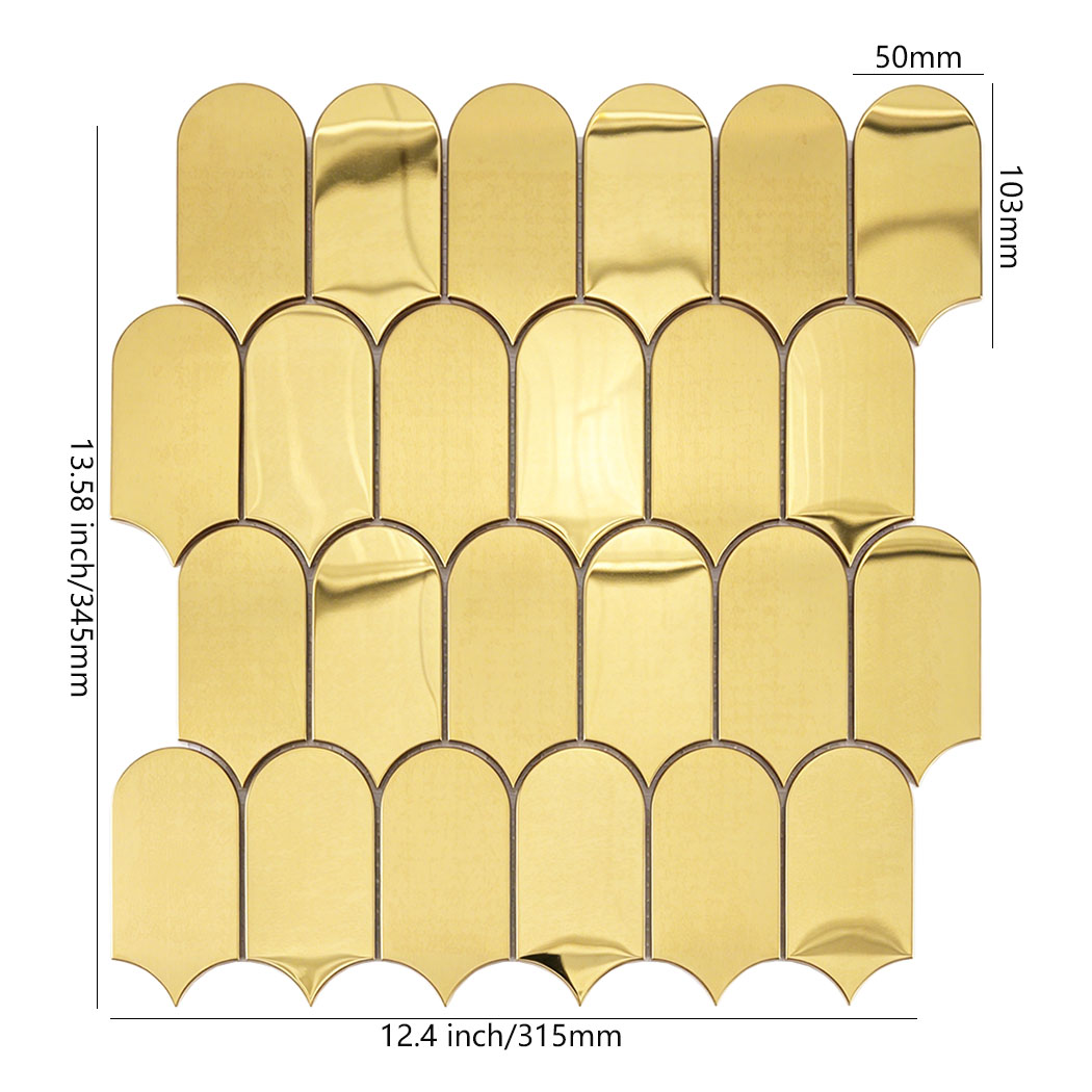 Gold arch metal mosaic tile sheet with 50mm by 103mm chip size display