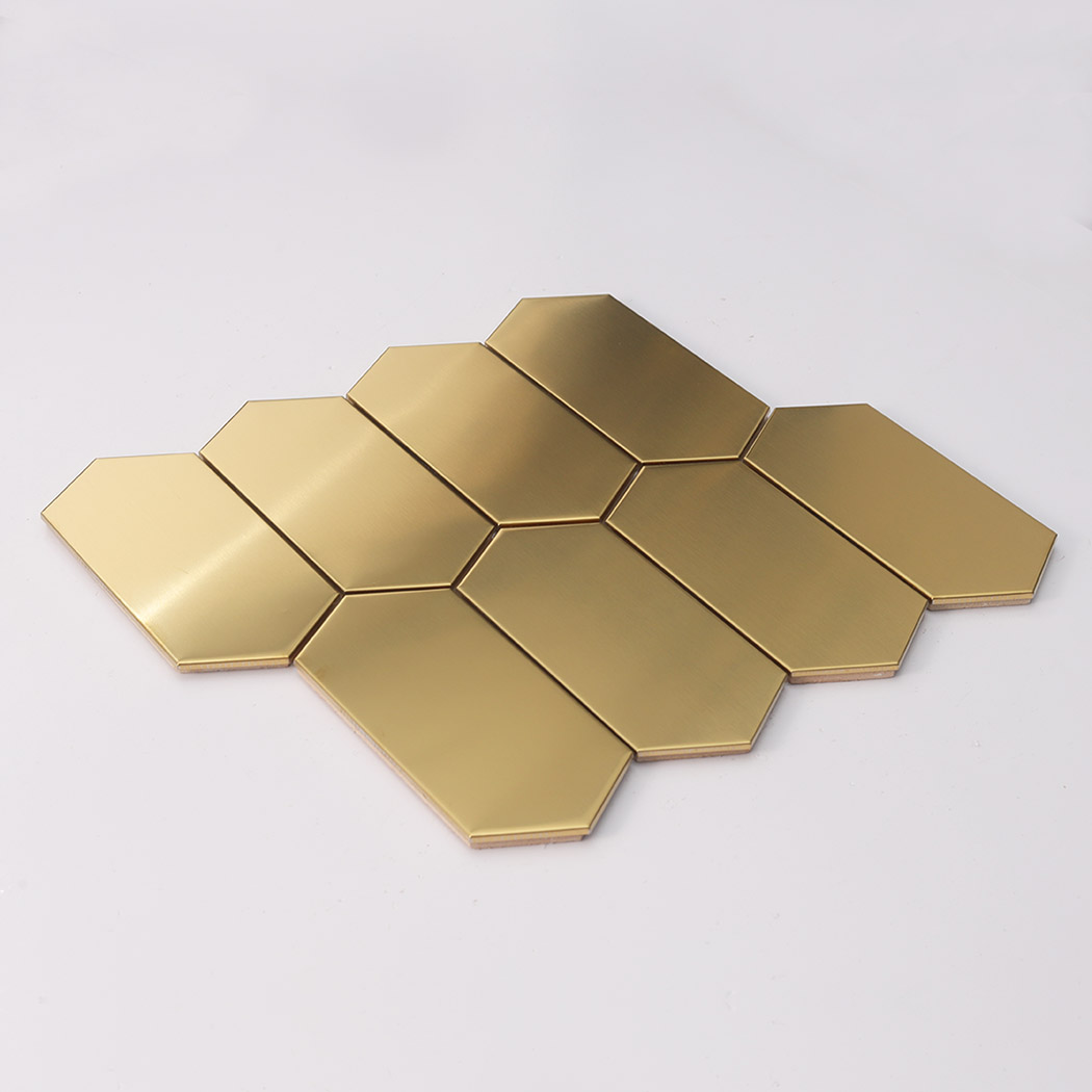 Angled view of full gold brushed elongated hexagon mosaic tile sheet layout