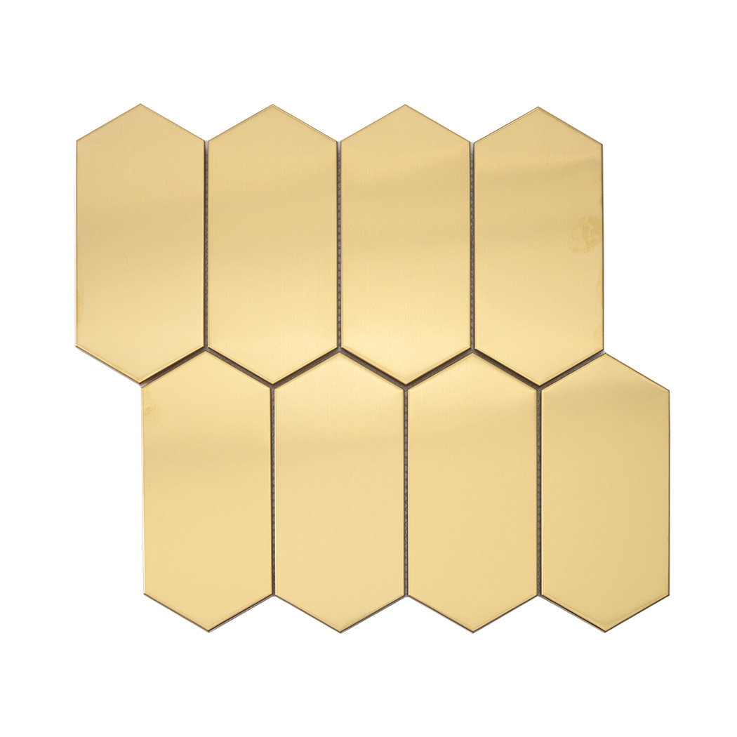 Full front view of gold brushed elongated hexagon mosaic tile sheet layout
