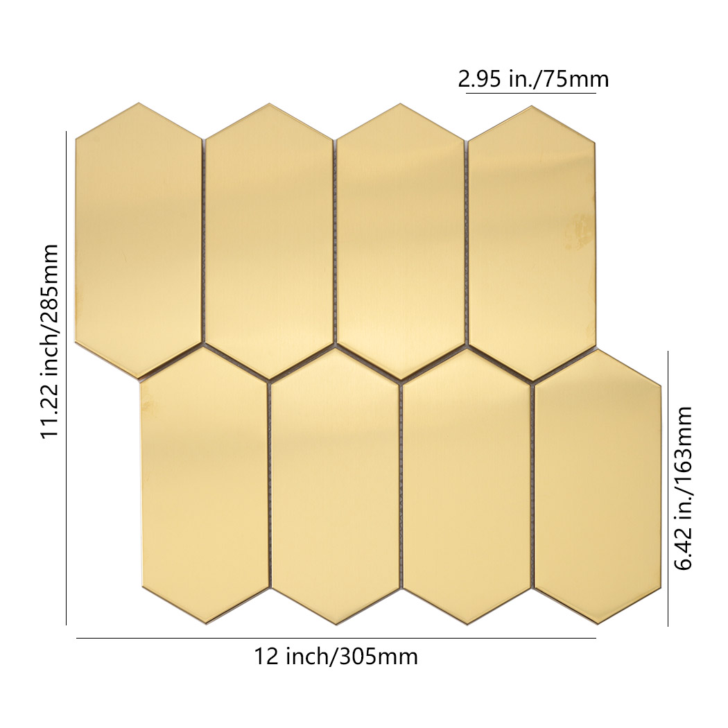 Gold brushed elongated hexagon mosaic tile sheet with size specification front view