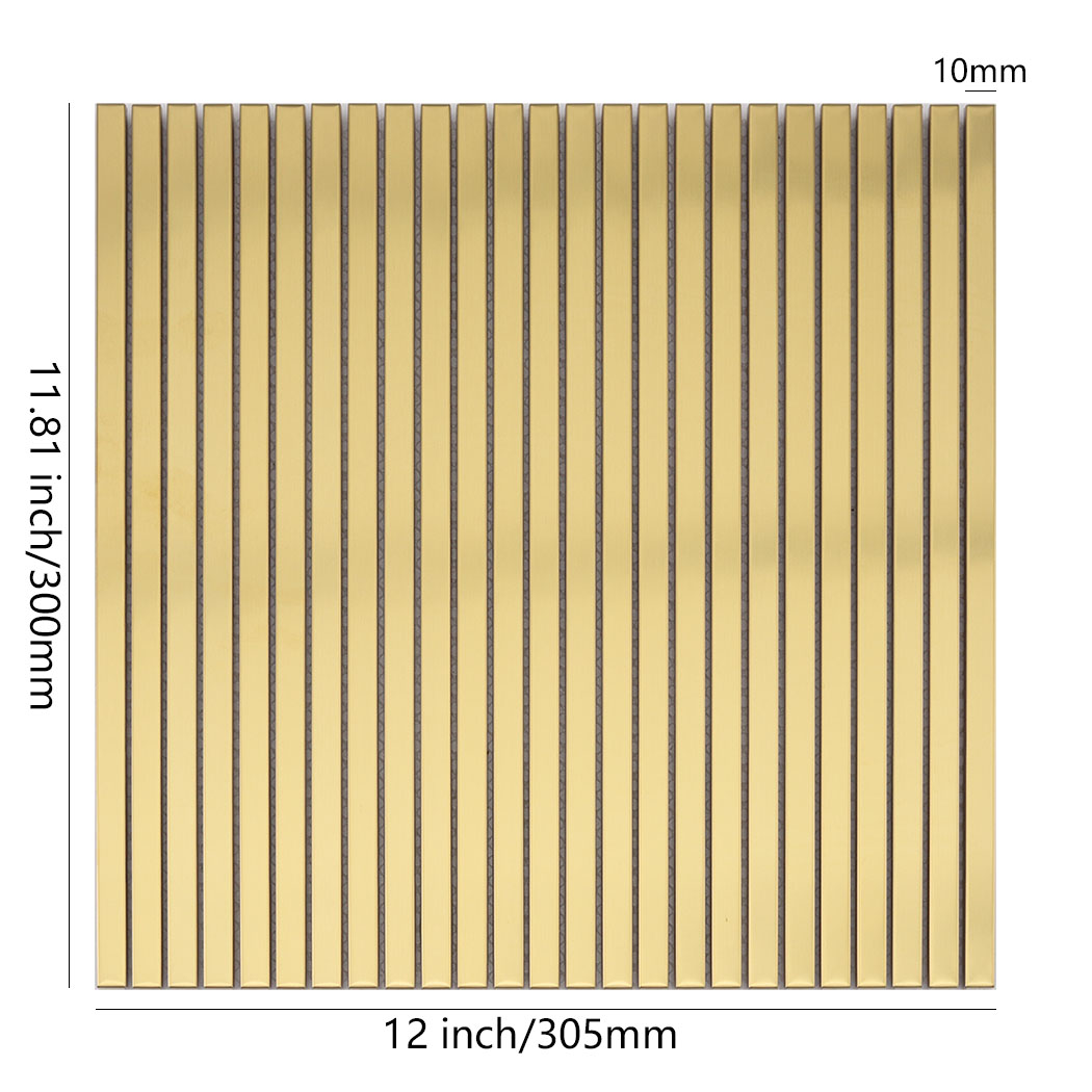 Gold brushed stainless steel linear tile sheet with 12 by 11.81 inch dimensions