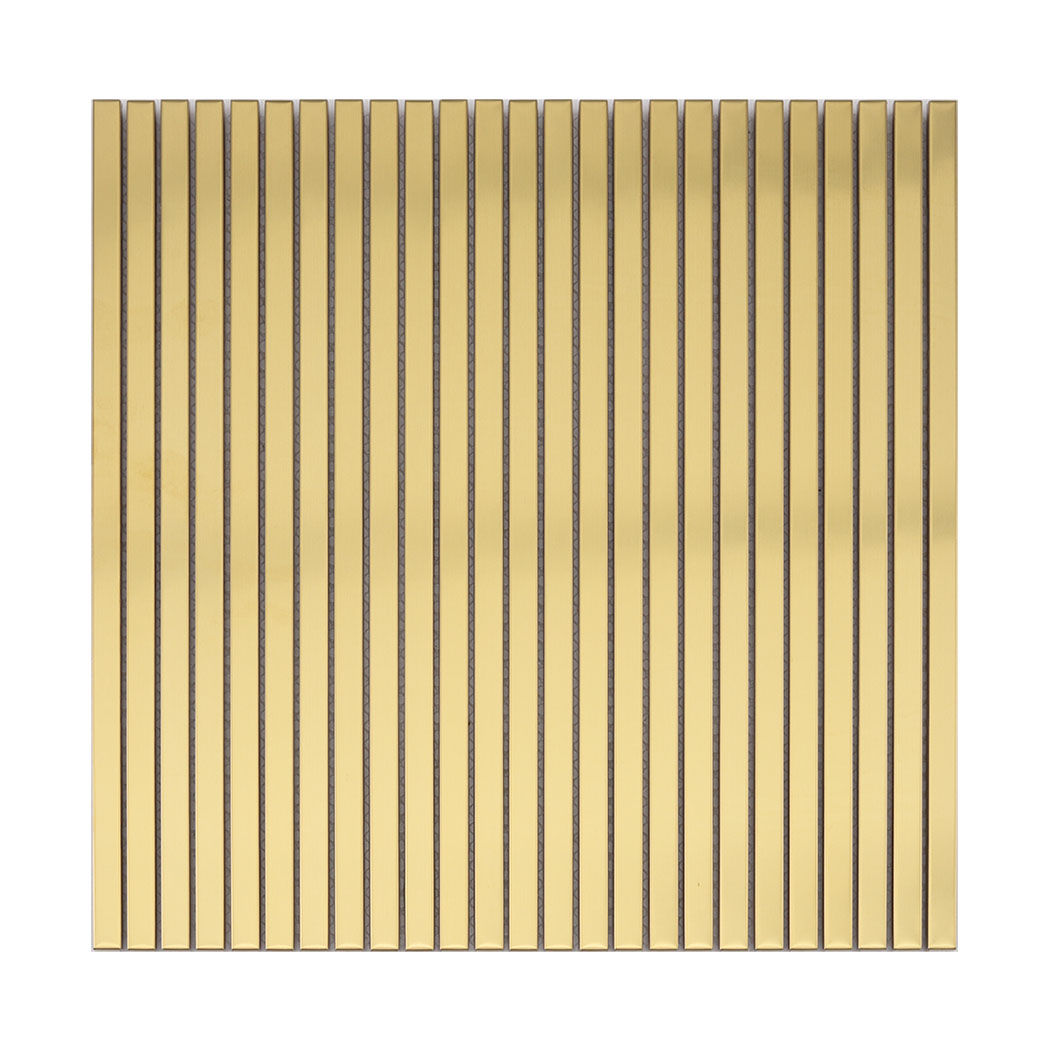 Front view of gold brushed stainless steel linear tile sheet