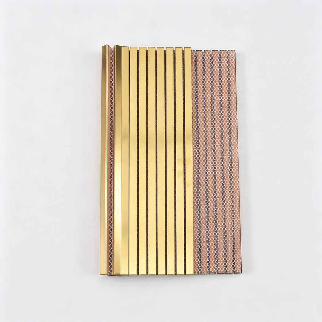 Gold brushed stainless steel linear tile sheet with mesh backing