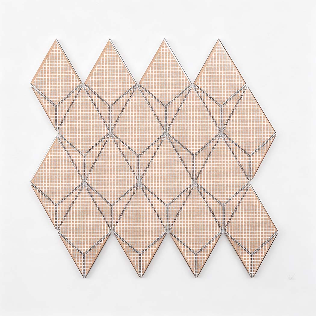 Back view of gold diamond metal mosaic tile sheet with mesh backing