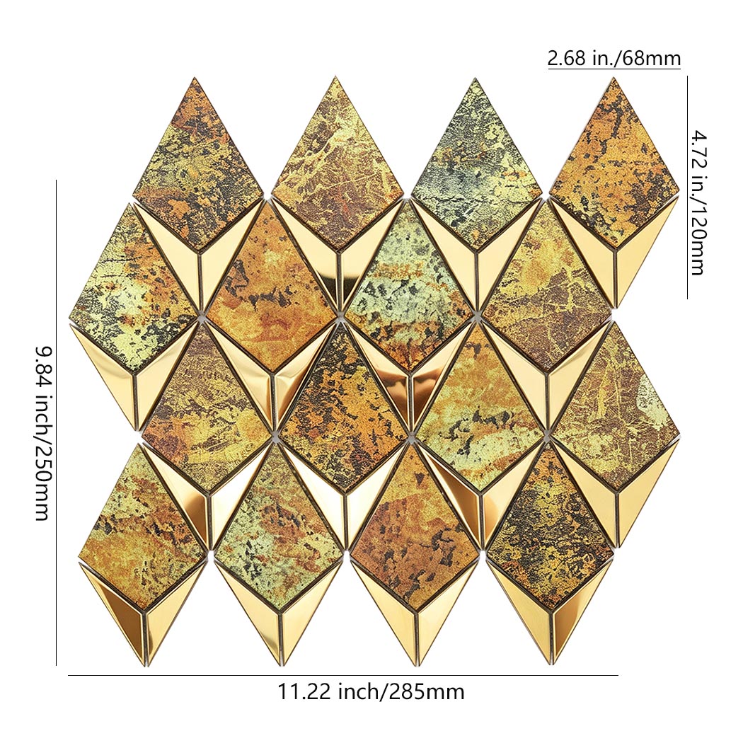 Gold diamond metal mosaic tile sheet with antique finish and size details