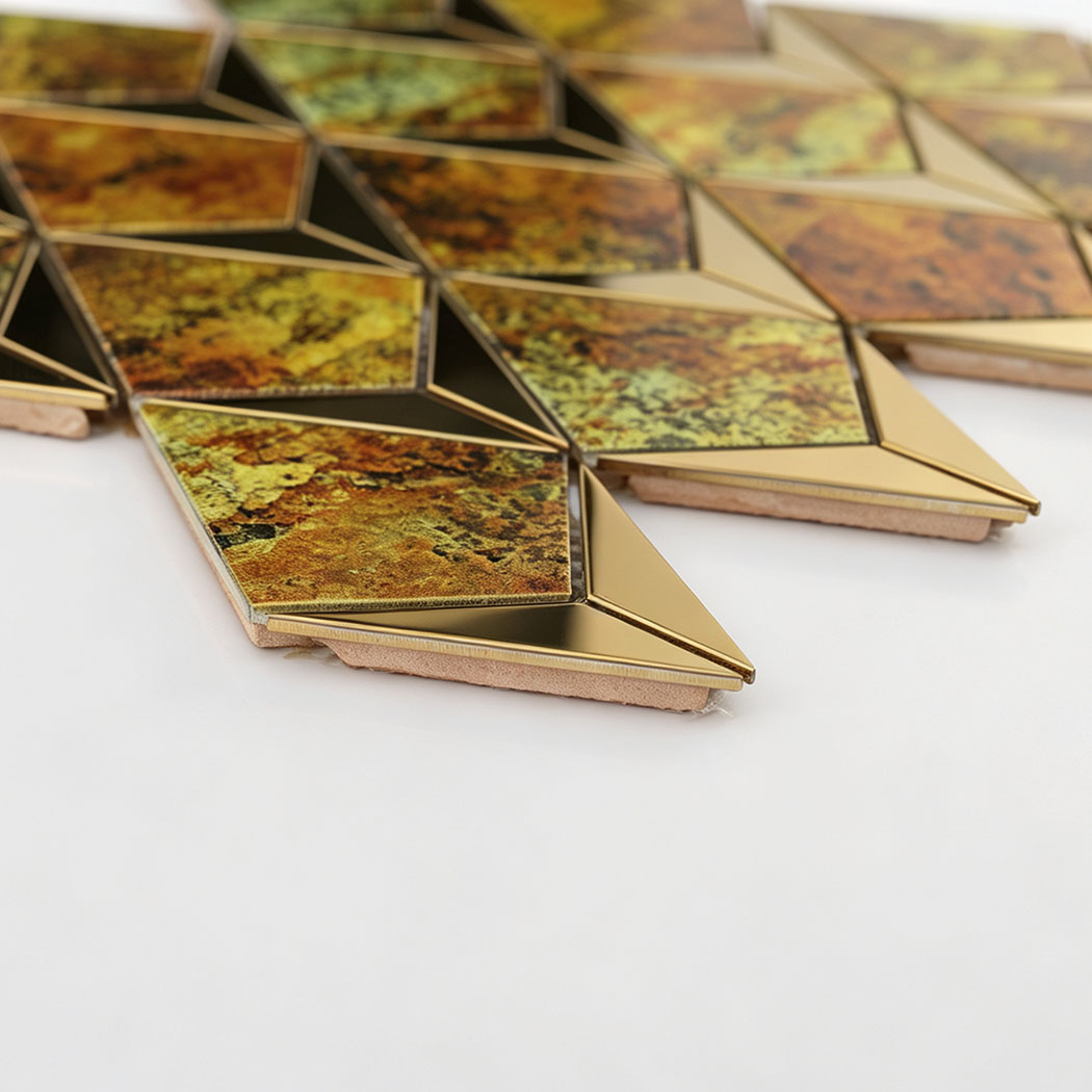 Side view showing the thickness of gold diamond metal mosaic tiles