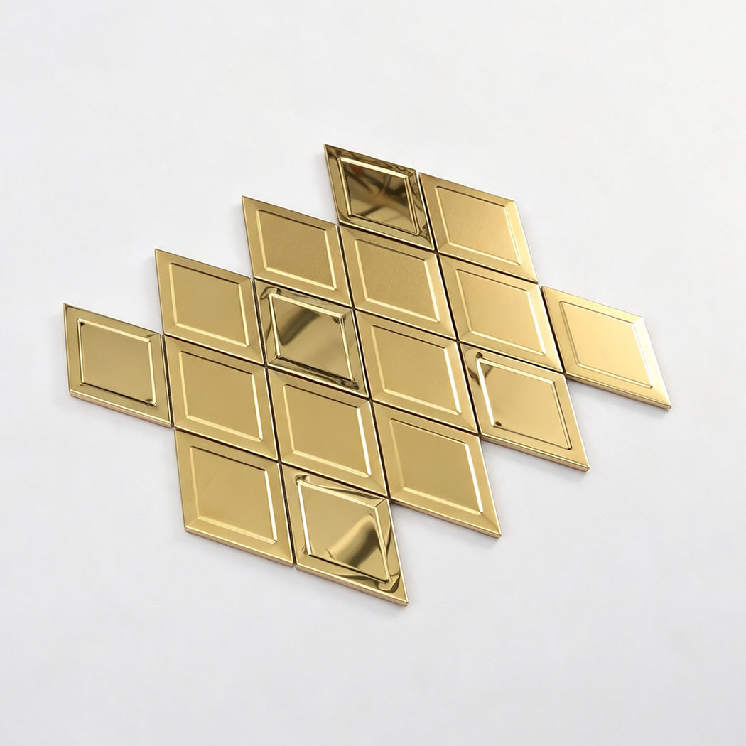 Angled view of gold diamond stainless steel mosaic tile sheet