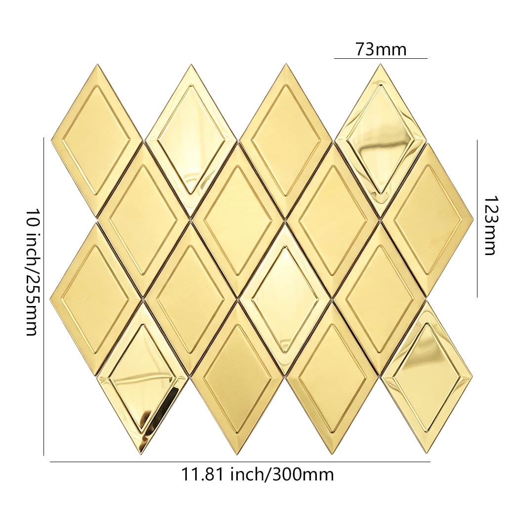 Gold diamond stainless steel mosaic tile sheet with size details