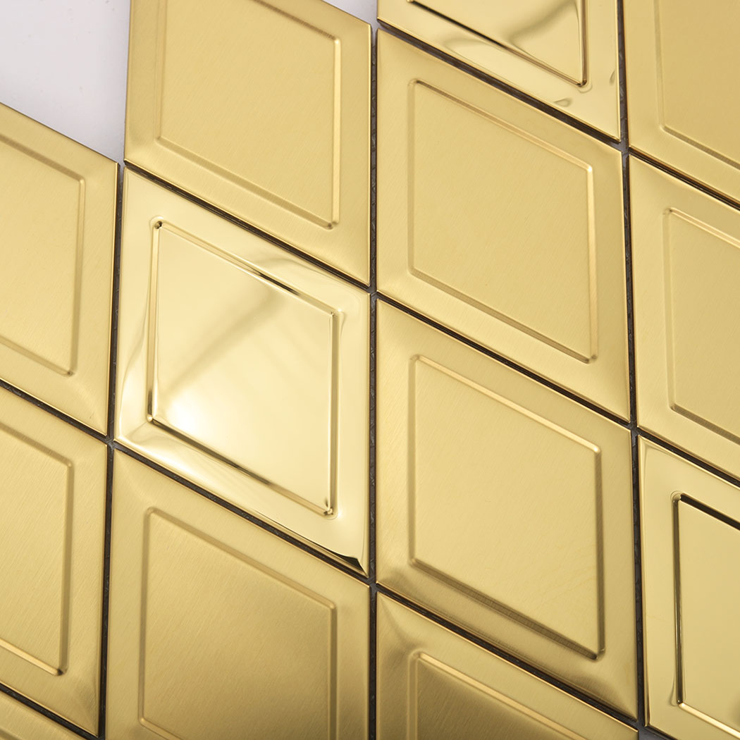Detailed texture of gold diamond stainless steel mosaic tiles with mixed finishes