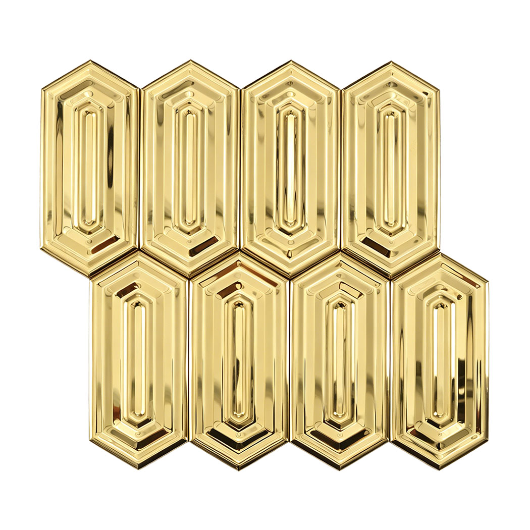 Full view of gold elongated hexagon metal mosaic tile sheet on white background
