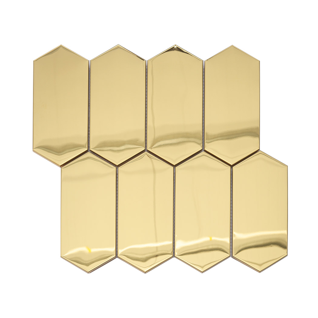 Full sheet front view of gold elongated hexagon mosaic tile