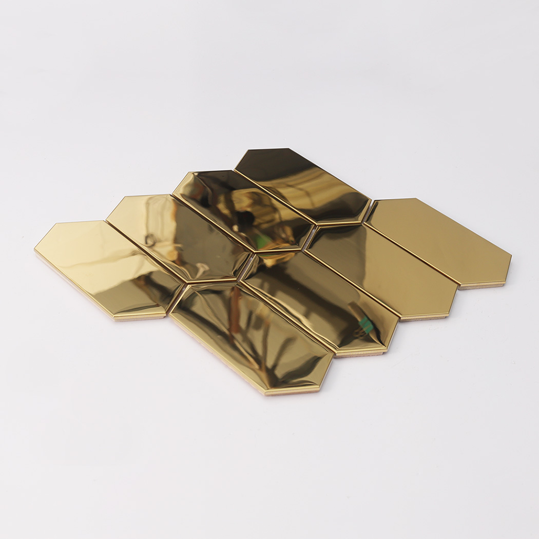 Perspective view of gold elongated hexagon mosaic tile sheet