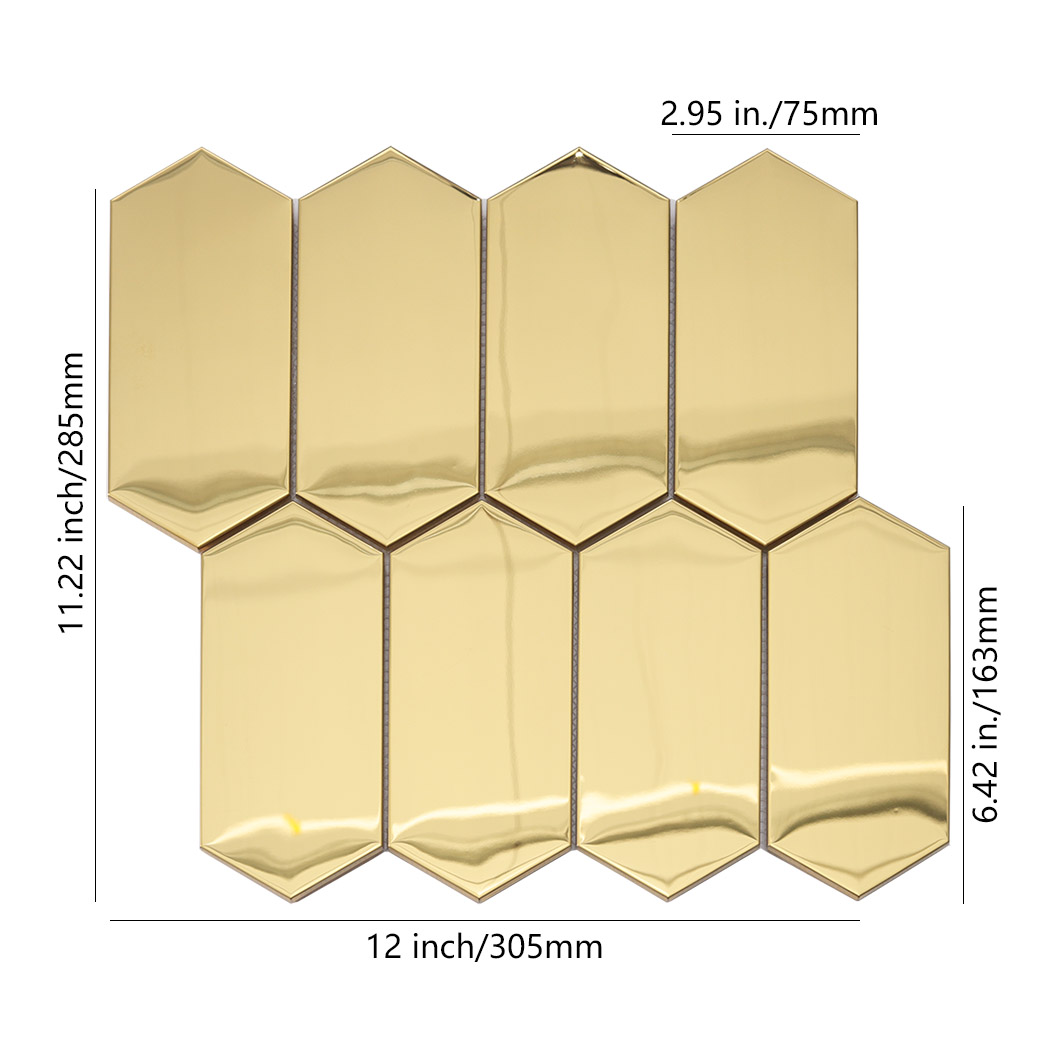 Gold elongated hexagon mosaic tile sheet with size details
