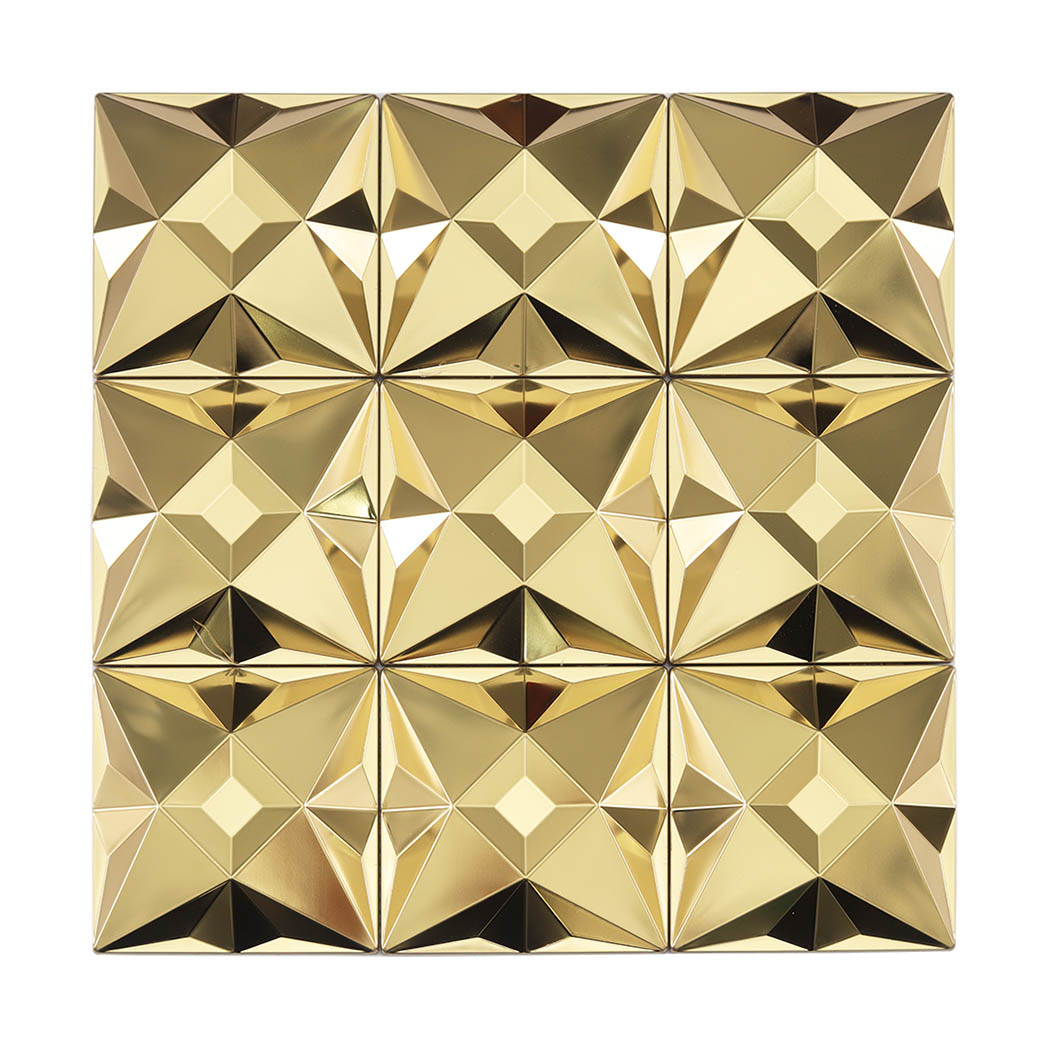 Gold faceted stainless steel mosaic tile sheet with geometric square design