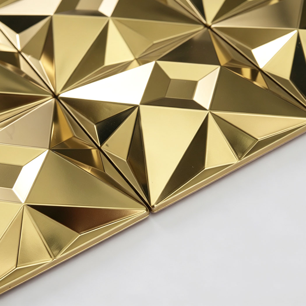 Gold faceted stainless steel mosaic tile sheet corner detail