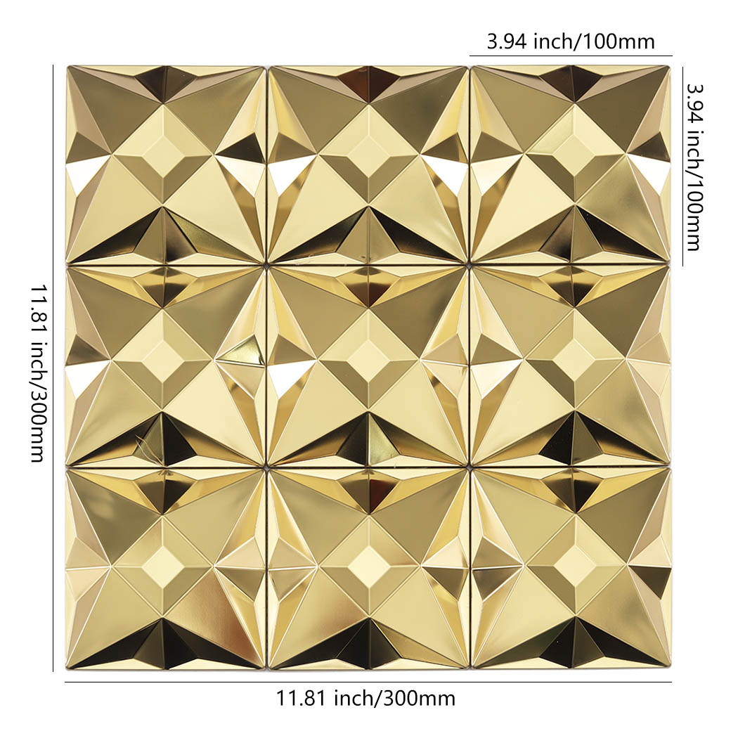 Gold faceted stainless steel mosaic tile sheet with 4x 4 inch