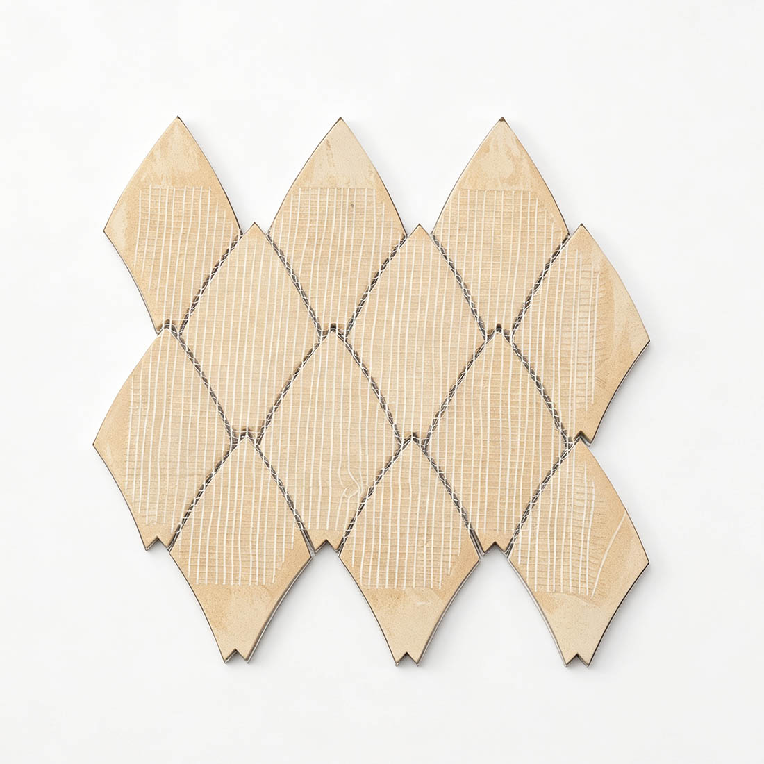 Back view of gold feather aluminum mosaic tile sheet with mesh backing