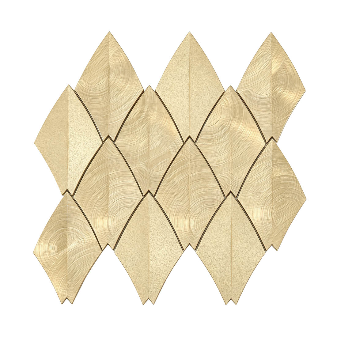 Close-up of gold feather aluminum mosaic tiles with curved brushed texture