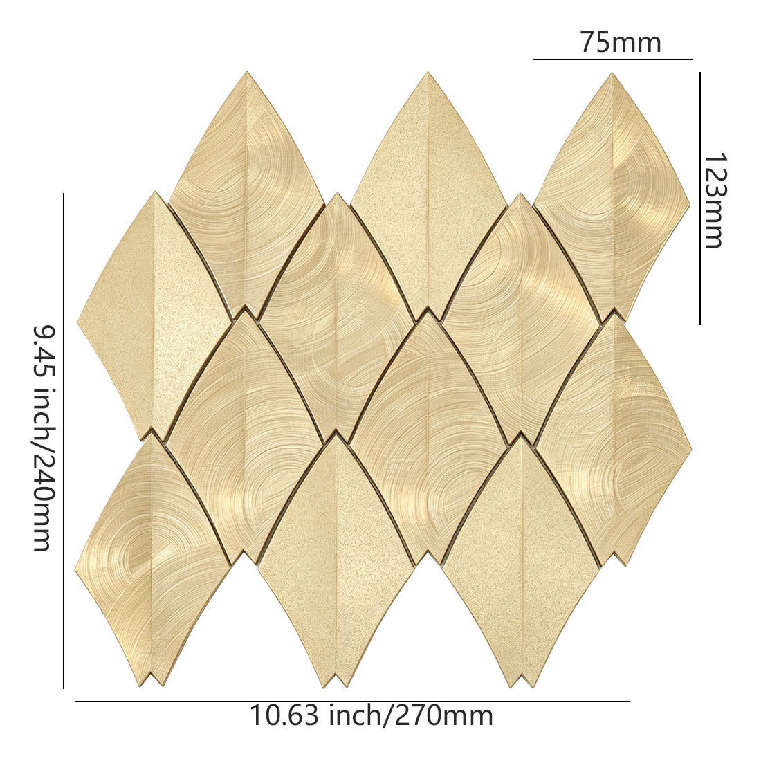 Gold feather aluminum mosaic tile sheet on a white background