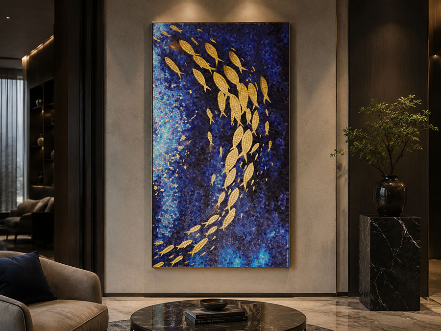 Gold fish glass mosaic mural displayed in a modern interior space