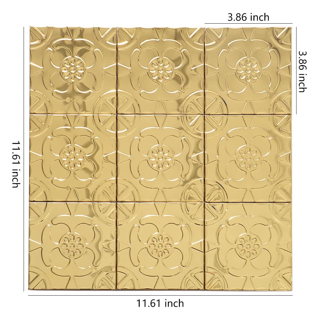 Size image of gold embossed floral metal mosaic tile sheet with 3D pattern.