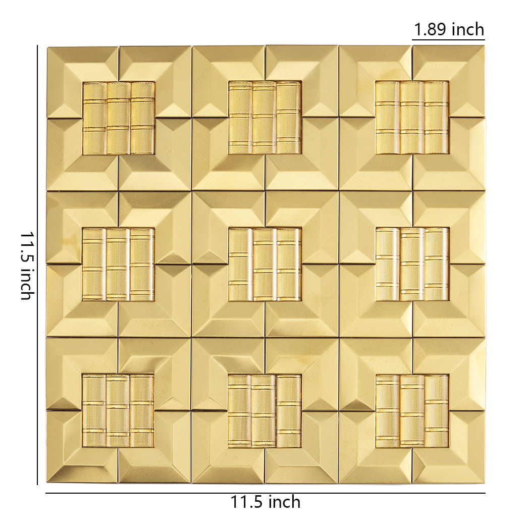 Gold 3D square mosaic tile sheet showing 11.5 inch length and width dimensions.