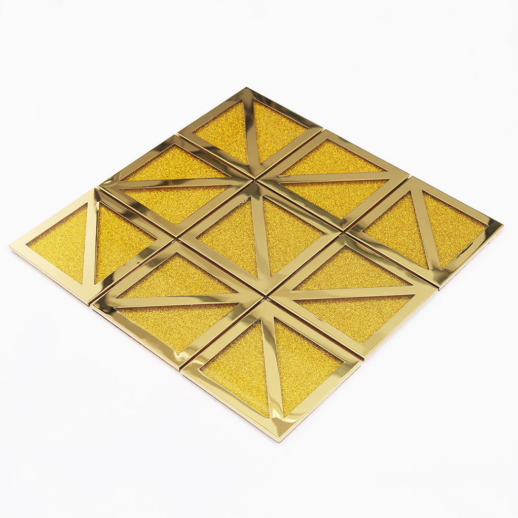 Perspective view of a full gold geometric square mosaic tile sheet.