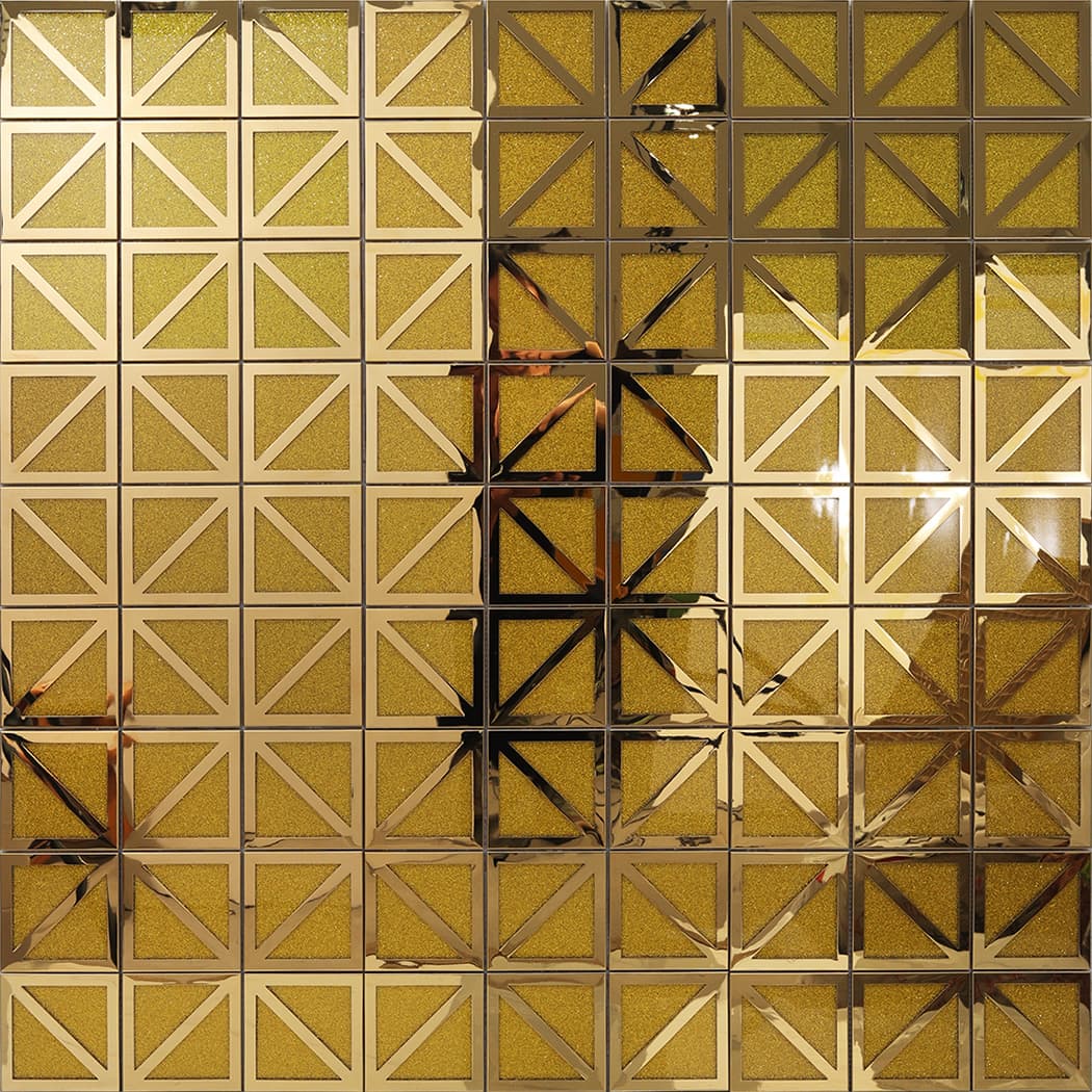 Large area of gold geometric mosaic tiles installed as a repeating wall pattern.