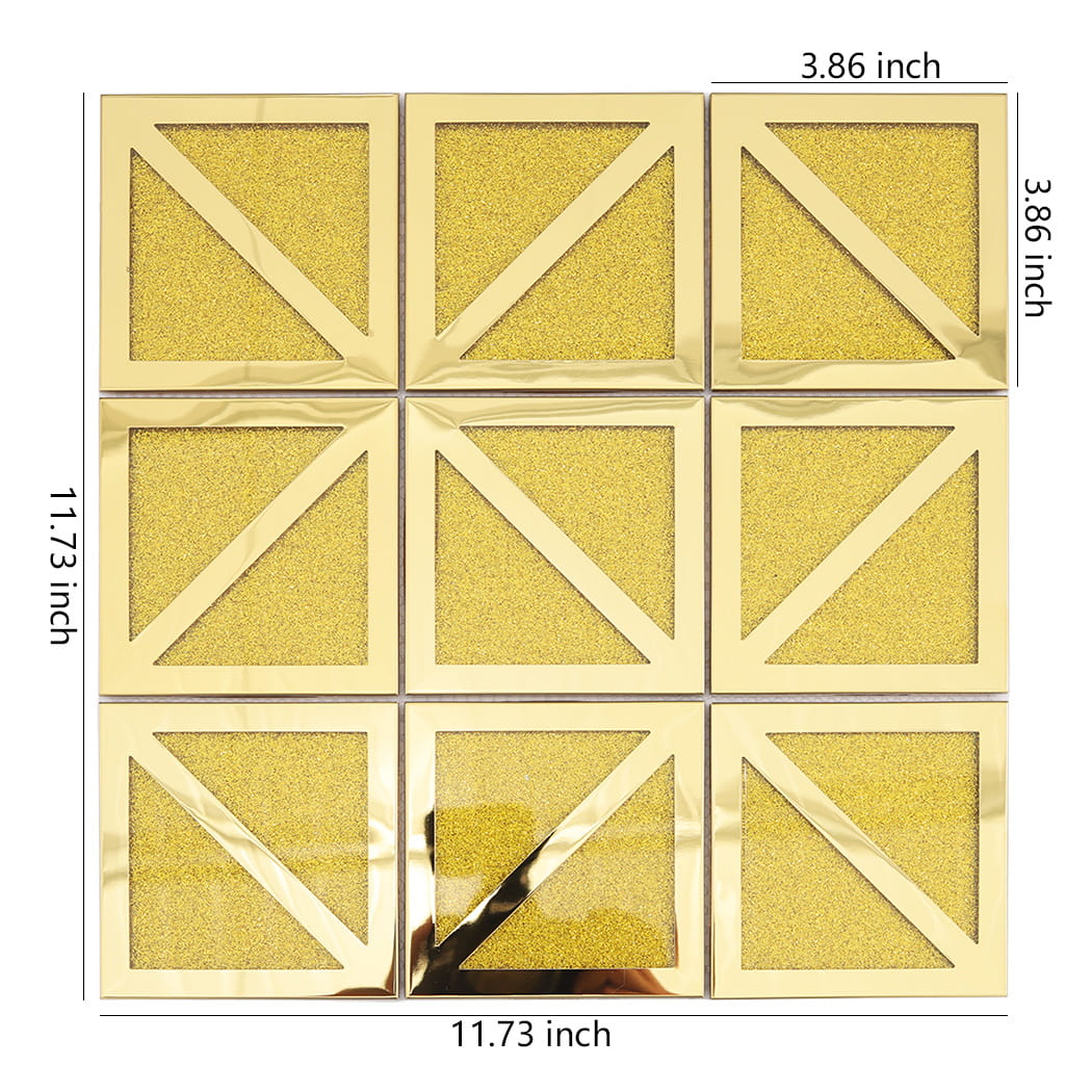 gold geometric square mosaic tile sheet with individual tile measurements.